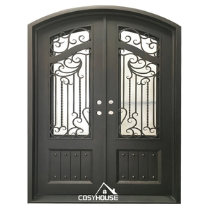 Porte extérieure double en <span class=keywords><strong>fer</strong></span> <span class=keywords><strong>forgé</strong></span> et verre de luxe avec dessus arqué pour entrée de villa - Product Image 4