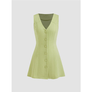 Robe Courte Décontractée sans Manches à Col en V et Boutons, Motif Écossais Rétro Respirant, pour Femme, Printemps-Été, Service OEM Quotidien - Product Image 3