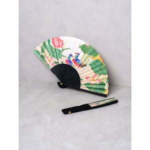 Ventilatore portatile pieghevole in bambù da 24.5 cm con accessori indossabili dipinti di uccelli e fiori - Product Image 1
