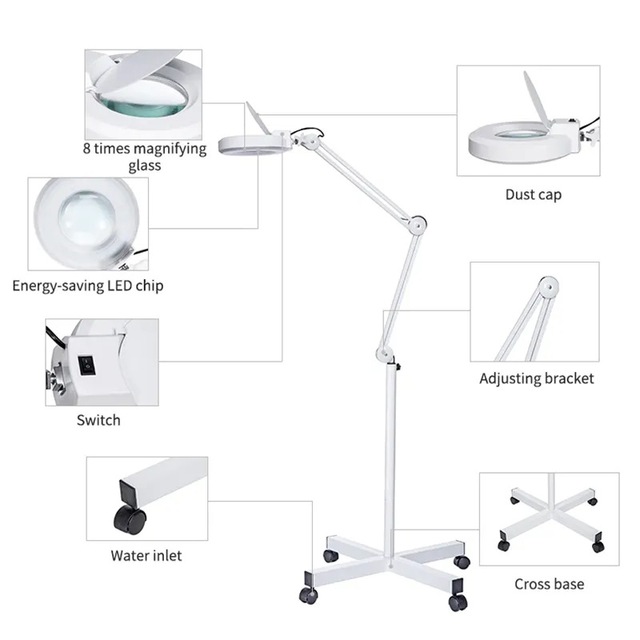 Beauty Salon LED Cold Light Working Lamp with 8 Times Magnifying Glass Dimmable Floor Lamp for Makeup Nail Art Eyelash Extension