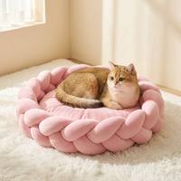 Coussin pour chien et chat tressé à la main, forme donut apaisante, rembourrage en coton respirant, amovible et lavable, écologique, couleur macaron
