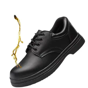 Black leather chef shoes non slip safety, oil resistant chef safety shoes with steel toe