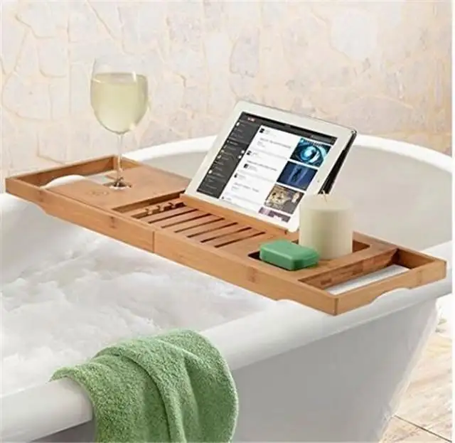 badzubehör badewanne badematte set hölzern bambus wein tablett