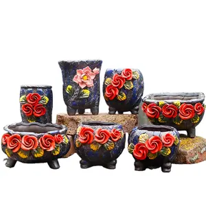 Керамические цветочные горшки ручной росписи в Корейском стиле, поставщик керамических рельефных цветочных горшков для суккулентов, садовых растений, комнатных растений
