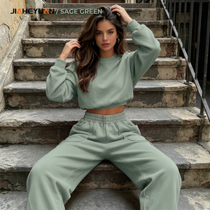 Women's High Quality 400GSM Streetwear Cropped Pullover <strong>Sweatshirt</strong> &amp; Wide Leg Pants Set Custom Fleece Loungewear - Product Image 1
