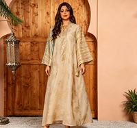 Abaya en polyester respirant et léger à imprimé feuilles et sequins, col en V, manches longues, longueur cheville, style Dubaï, Kaftan, Robe longue musulmane pour adultes