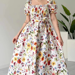 Robe florale pour femmes, coupe trapèze, manches bouffantes, tenue décontractée pour les vacances, mode - Product Image 3