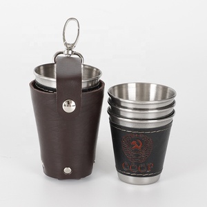 Ensemble de verres à shot personnalisés 4 pièces, récipient à boire 75 ml, <span class=keywords><strong>verre</strong></span> à shot en métal avec étui en cuir PU, mini tasse en acier inoxydable, voyage - Product Image 1