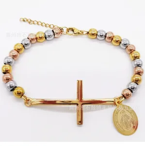 2024 cheap stainless steel round beaded chains mixed colors bracelet for women religious cross virgin mary charm bracelet