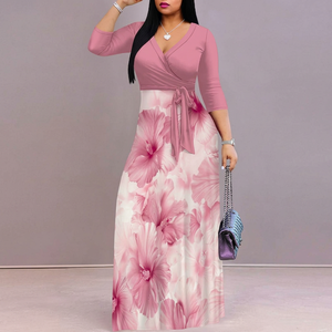 Robe d'été moulante rose unie en maille 100 % polyester pour femme, taille haute, col en V, manches trois quarts, style portefeuille à nouer, idéale pour les fêtes - Product Image 3