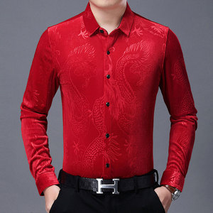 Chemise à manches longues pour hommes, vêtement de soirée Social, coupe cintrée, top décontracté de luxe, broderie Dragon <span class=keywords><strong>chinois</strong></span>, velours - Product Image 4