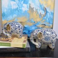 Figurine d'éléphant en céramique contemporaine chinoise, décoration d'intérieur, ornement de jardin, motif bleu et blanc peint à la main, cadeau d'affaires