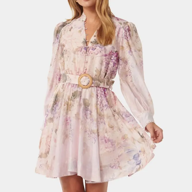 Sevimli bayan ön düğmeler uzun kollu çiçek baskı Mini elbise Lady oditoryum yaz Casual Mini patenci elbise