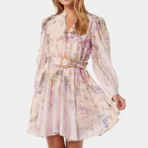 Cute Lady Front Buttons Long Sleeve Floral Print Mini Dress Lady Auditorium Summer Casual Mini Skater Dress