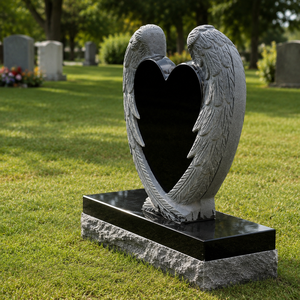 Heart Shape Angel Wings Headstone Black Granite Base Cemetery Monument European Style Traditional Design - Product Image 5