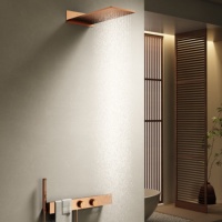 Système de douche thermostatique encastré en laiton luxueux couleur or rose, mitigeur de douche mural, jet de pluie, étagère de rangement, porte-serviettes