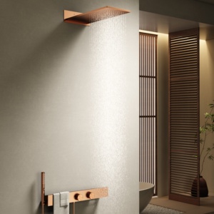 Sistema de Ducha Termostático de Latón de Lujo en Oro Rosa, Empotrado en Pared, con Mezclador, Rociador de Lluvia, Estante de Almacenamiento y Toallero - Product Image 6