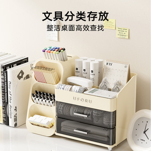 Organizador de oficina Uforu, color blanco cremoso, almacenamiento de escritorio con 2 cajones y compartimentos para bolígrafos, lápices, pegamento y artículos de papelería - Product Image 4