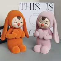Figurines en résine floquées en forme d'oreilles de lapin, ensemble couple tenant un cœur, cadeau Saint-Valentin Kawaii, décoration intérieure, sculpture de lapin mignonne, art en gros