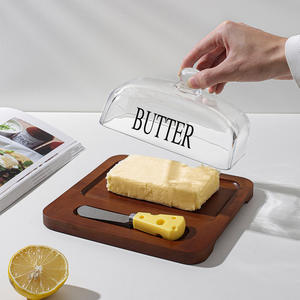 Plato de madera para mantequilla con tapa de <span class=keywords><strong>cristal</strong></span> y cuchillo, tabla para servir queso con espátula, plato cubierto para exhibir postres y repostería - Product Image 3