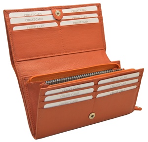 Dompet kulit asli panjang gaya antik wanita dengan kancing penutup ritsleting penghalang RFID lapisan poliester cetak Logo kustom - Product Image 5