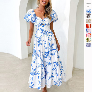 Nouvelle collection Printemps/Été 2026 transfrontalière Europe-Amérique, Robe vintage élégante en mousseline de soie, coupe ajustée, imprimée, à manches bouffantes, avec ourlet ample et antistatique - Product Image 1