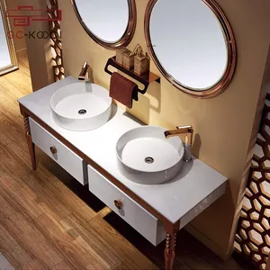 Klasik paslanmaz çelik banyo aynası mobilya banyo makyaj dolabı çift lavabo seti