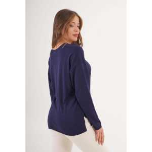 Suéter de Punto Azul Marino para Mujer al por Mayor, Estilo Coreano, Cuello en V y Aberturas Laterales para Otoño e Invierno - Product Image 1