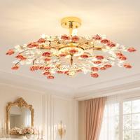 Lustre LED en cristal rose en forme de fleur, en acier inoxydable et céramique, avec interrupteur, hauteur réglable, romantique, suspension moyenne