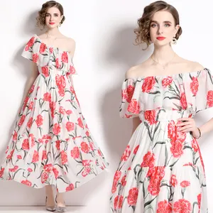 LE1606 High Quality Poppy Printed Maxi Dres Sexy One Shoulder Elastic High Waist Ruffles Chiffon Long Beach Holiday Boho Dress