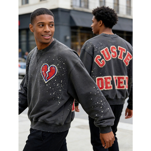 Sudadera con cuello redondo para hombre, estilo streetwear, de alta calidad, negra, extragrande, de 400 GSM, con bordado de apliques, OEM personalizado. - Product Image 2