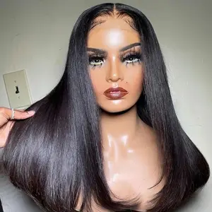 Perruque Lace Frontal Wig Brésilienne Naturelle avec Fermeture en Dentelle Suisse, Cheveux Indiens Raides, 12A, pour Femme Noire