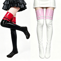 Bas en cuir verni noir et rouge pour femmes, bas de soirée pour club, bas cuissard brillant pour pole dance, bas au-dessus du genou