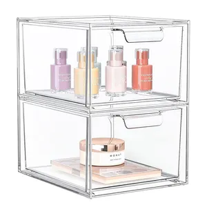 亚克力化妆收纳盒垃圾桶可堆叠透明塑料储物抽屉，带提手，用于梳妆台下浴室