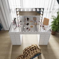 Coiffeuse de Chambre Design Moderne en Bois Noir Effet Vieilli avec Miroir LED, Tiroirs et Espaces de Rangement