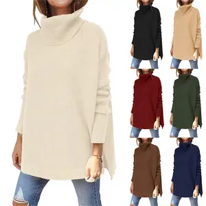 2022 autumn and winter new turtleneck sweater solid color mid-length dolman sleeve hem tunic pullover sweater S-2XL for ladies