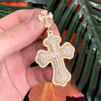 Collar de cadena tipo tenis con colgante de cruz 3D apilada, micro pavé de circonitas 5A, cruz de doble capa, chapado en oro blanco, joyería Hiphop para rapero
