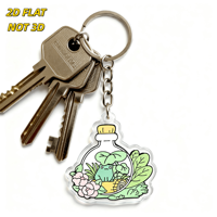 Porte-clés en acrylique avec grenouille mignonne dans une bouteille en verre, design terrarium kawaii avec fleurs et feuilles, pendentif transparent double face