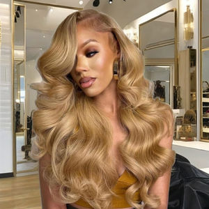 Peluca ondulada de cuerpo frontal de encaje <span class=keywords><strong>rubio</strong></span> miel Ombre raíz oscura sin pegamento 100% cabello humano transparente encaje frontal Peluca de color de cabello humano - Product Image 2