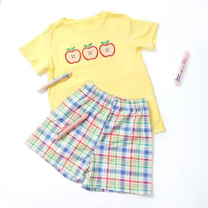 Little Boys Apple Applique Shorts Set Summer Baby Boy Apples Smocked 2 Pieces Clothing Set OEM Custom Logo Boutique Outfits