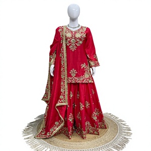 Women <b>Red</b> <b>Silk</b> Salwar Kameez With Gold Embroidery Traditional Indian Wedding Wear Floor-Length Regular Fit - Product Image 1