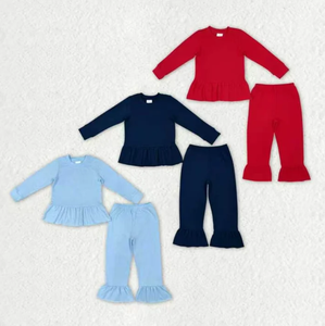 เสื้อผ้าเด็กผู้หญิง เสื้อแขนยาวระบายสีพื้นและกางเกงขาบานเข้าชุด - Product Image 1