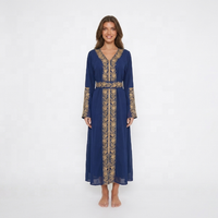 Robe Musulmane de Luxe Tendance 2026 Nouvelle Collection Dubaï Broderie Dorée Perles Élégante Robe Bleue Longue Abaya pour Femme