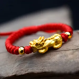 LONGJIE Pemasok Perhiasan 999 Perak Pixiu Gelang Tali Keberuntungan Tenun Tali Merah Buatan Tangan untuk Anak-anak
