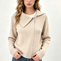 Cardigan zippé en maille côtelée pour femme, col à revers irrégulier, manteau pull ample décontracté, vêtement d'extérieur automne-hiver pour femme