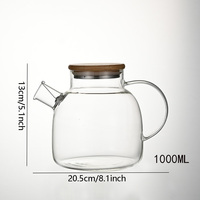 Théière en verre borosilicate résistant à la chaleur, faite à la main, 1000/1500/1800 ml - Couvercle en bambou, infuseur amovible, passe au lave-vaisselle