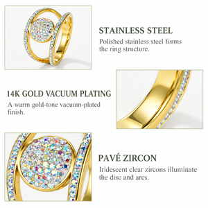 Anillo Orbit de Zirconia de Acero Inoxidable con Baño de Oro de 14K al Vacío, Diseño de Disco Pavé y Doble Arco Ovalado, Anillo de Declaración - Product Image 4