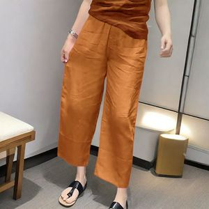 Purple Wide Leg Linen Pants Elastic Waist Cropped Casual Women's Pants Breathable Summer Style - Product Image 4