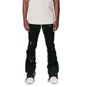 Jeans évasés vintage noirs à effet éclaboussures de peinture en denim personnalisés en gros pour hommes - Product Image 4
