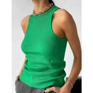 Débardeur vert à épaules dénudées pour femmes gilet de Sport décontracté noir hauts tricotés côtelés col chemises de base d'été
